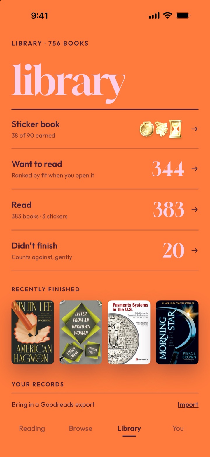The Library screen: the sticker book, Want to read, Read and Didn't finish, with recently finished covers.