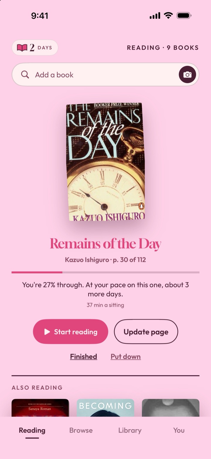 The Reading screen: Remains of the Day by Kazuo Ishiguro, page 30 of 112, with Start reading and Update page.